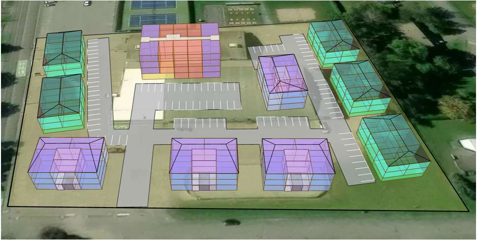 Preliminary concept for the Embrun Arena site, Option 1, showing 139 units.