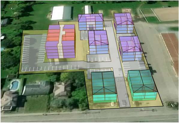 Preliminary concept for the Russell Arena site, Option 2, showing 112 housing units