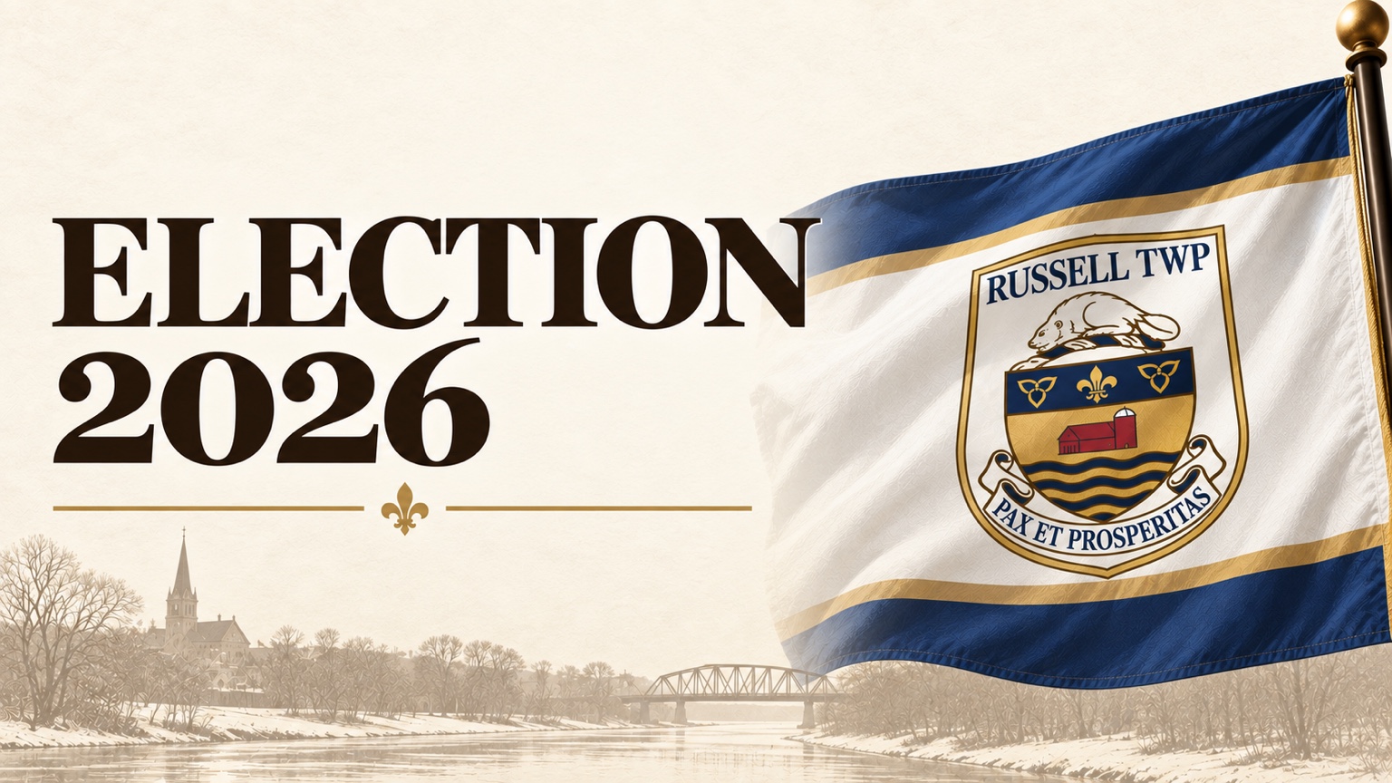 Election 2026 graphic featuring Russell Township civic imagery