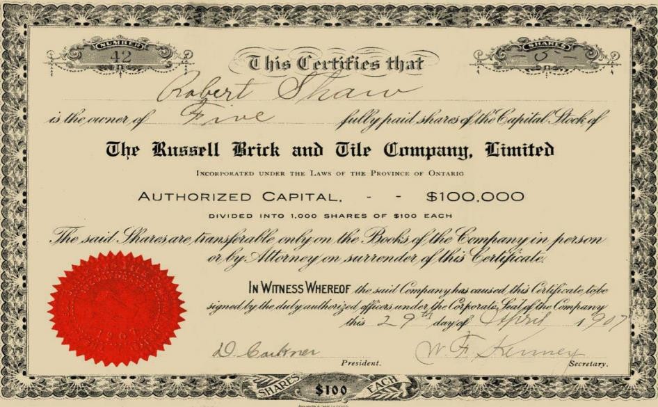 Historic share certificate for the Russell Brick and Tile Company issued to Robert Shaw.